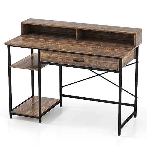 COSTWAY Computer Desk, Wooden Study Table Writing Workstation with Monitor Stand, Storage Shelves & Drawer, Industrial PC Laptop Table Working Desk for Home Office Bedroom, 120x56x90cm