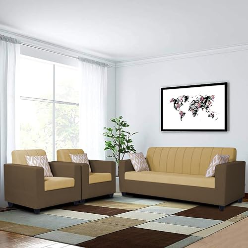 Image of Adorn India Rio Highback 3+1+1 5 Seater Sofa Set (Brown & Beige) (3 Year Warranty)