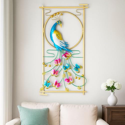Image of Framing Hub Multicolor Metal Peacock Wall Art Decor Showpiece | Stylish Interior Wall Hanging Showpiece Perfect for Living Room Bedroom Kitchen Office (Size 22x42 Inch)