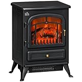 HOMCOM Freestanding Electric Fireplace Indoor Heater Glass View Log Wood Burning Effect Flame Portable Fireplace Stove 950/1850W Black