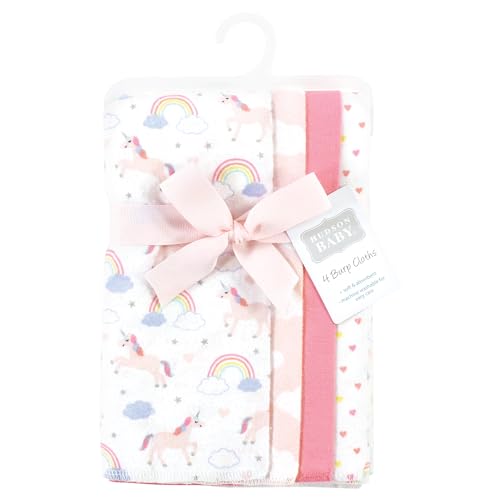 Image of Hudson Baby Unisex Baby Cotton Poly Flannel Burp Cloths, Unicorns Rainbows 4 Pack, One Size