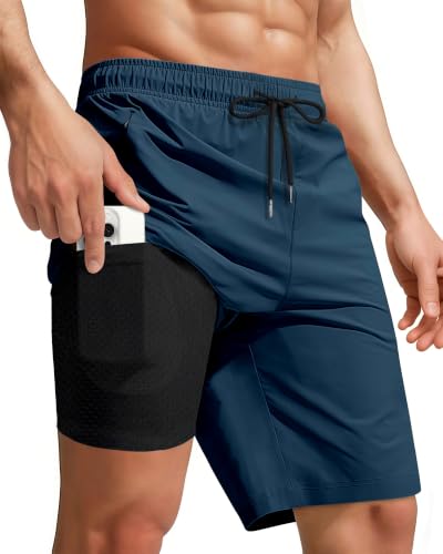 Image of Yufawow Men Swim Trunks with Compression Breathabe Liner Quick Dry Zipper Pockets for Board Beach Gym Running