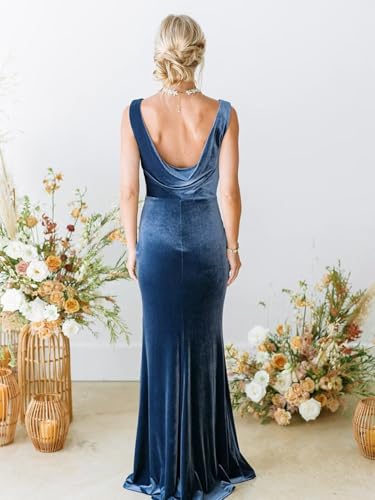 Maxi V-Neck Velvet Bridesmaid Dress for Women Long Mermaid Scoop Back Formal Evening Party Gown for Women2