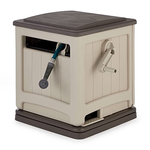 Suncast 225 Foot Smart Trak Automatic Swivel Hideaway Water Hose Reel with Large Storage Bin Structure, Hose Guide, and Crank Handle, Light Taupe