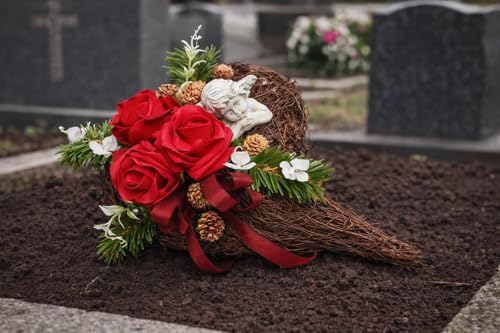 Generisch Grabgesteck Herz mit Engel Rose rot Grabschmuck künstlich Allerheiligen Trauer
