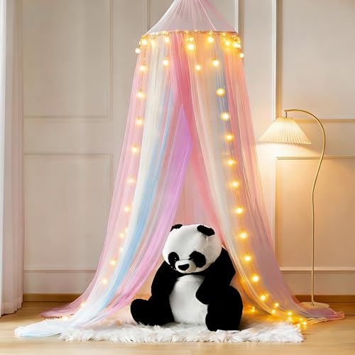 Image of Princess Rainbow Bed Canopy with Lights for Girls Bed Net,Princess Canopy for Kids Bed Room Decor (Rainbow + Lights)