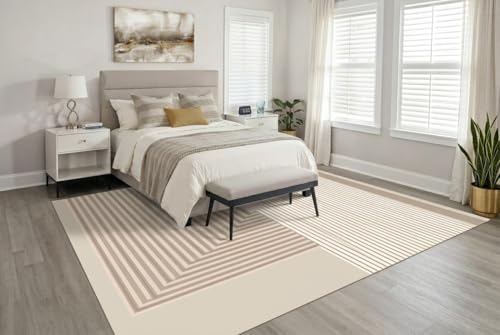 Ash Beige Area Rug, 6.5×10 ft – Washable 6 mm Thick Soft 100% Polyester Modern Geometric Carpet, Non‑Slip & Fade‑Resistant, Ideal for Living Room & Bedroom