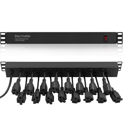 ElecVoztile - Regleta de alimentación PDU de 16 tomas, protección contra sobretensiones 1020J e interruptor de sobrecarga de 15 A, se adapta a rack de servidor de red de 19 pulgadas, cable de 6 AWG 14