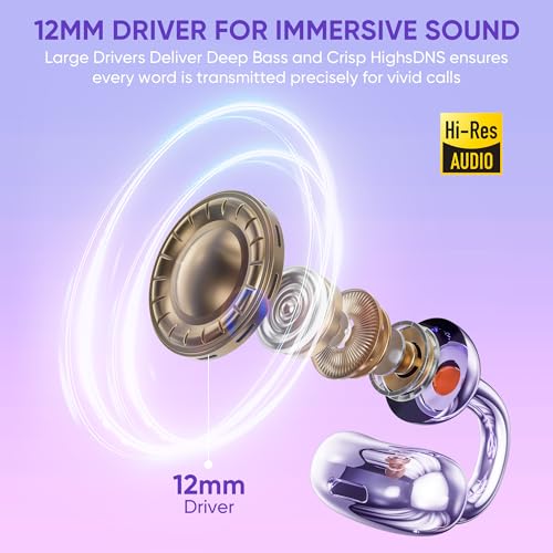 Image of Clip on Earbuds Open Ear Earbuds Wireless Headphones with Mic,66H Play Bluetooth 5.4 Bone Conduction Headphones,Noise Cancelling,IPX5 Waterproof,Secure Fit for Small Ears,Purple