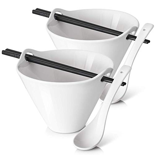 Dowan Ramen Bowls With Chopsticks And Spoons Set Of 2 - Japanese Ramen Noodle Bowl With Chopsticks And Spoons & Dowan Square Cereal Bowls Set Of 6-27 Ounces Porcelain Soup Bowls, White Serving Bowl #TOP1