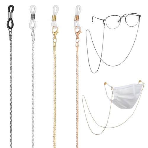 Alrhso Metal Eyeglass Chain for Women Men 4 Pcs Fashion Eyeglasses Holders Around Neck with Adjustable Rubber Ends (Gold, Rose Gold, Black, Silver)