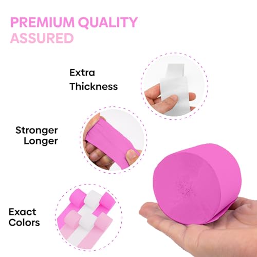 Image of 6 Pink & White Crepe Paper Streamers, 492ft Pack of Party Decorations | Each roll is 82 ft long and 1.8 Inch wide ideal for Birthday Party Decor, Baby showers and Bachelorette Parties