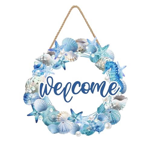 Harooni Summer Beach Wreath for Front Door Hello Summer Door Hanger Nautical Sea Welcome Sign Ocean Starfish Theme Decorations Wooden Plaque for Indoor Wall Hanging Outdoor Outside Porch 10.9x10.9