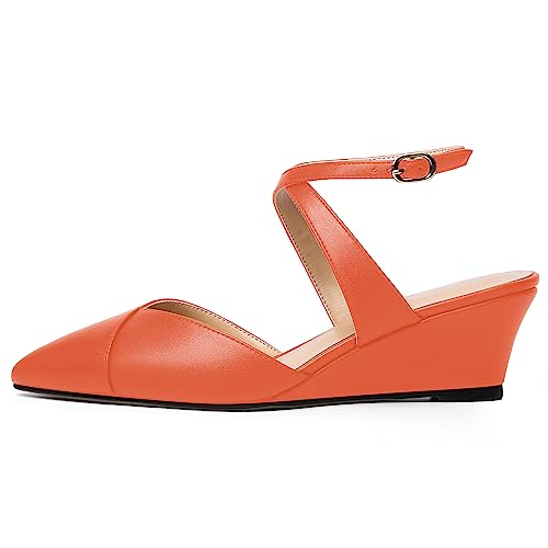 AMBELIGHT Womens Sexy Buckle Matte Solid Ankle Strap Wedding Pointed Toe Wedge Low Heel Pumps Shoes 2 Inch2