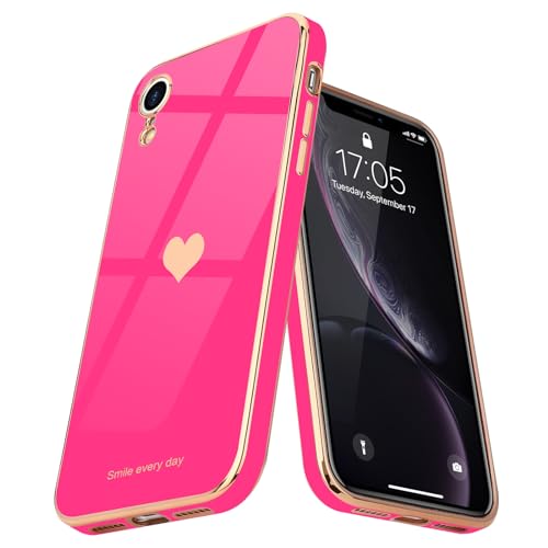 Teageo Compatible with iPhone Xr Case for Women Girl Cute Love-Heart Luxury Bling Plating Soft Back Cover Raised Full Camera Protection Bumper Silicone Shockproof Phone Case for iPhone Xr, Hot Pink