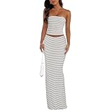Goafuliy Women's Striped 2 Piece Skirt Sets Tube Top and Maxi Skirt Beach Y2k Summer Vacation Going Out Outfits Black White M