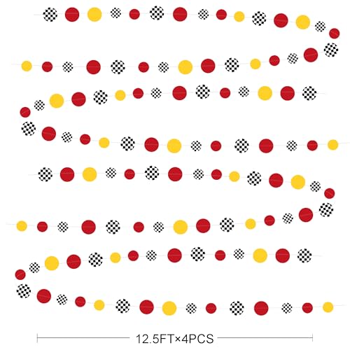 Image of Racing Car Party Decorations Yellow Red Circle Dot with Checkered Printed Polka Dots Garland Streamer for Race Fans Birthday Wedding Shower Let's Go Racing Party Decor Supplies