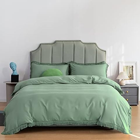 Djoymock Sage Green Duvet Cover Sets with Tassel Breathable Soft Lightweight Microfiber Aesthetic Bedding Bed Sets ( Boho 1 Cover Set and 2 Pillowcases) Double Size for Bedroom Cover