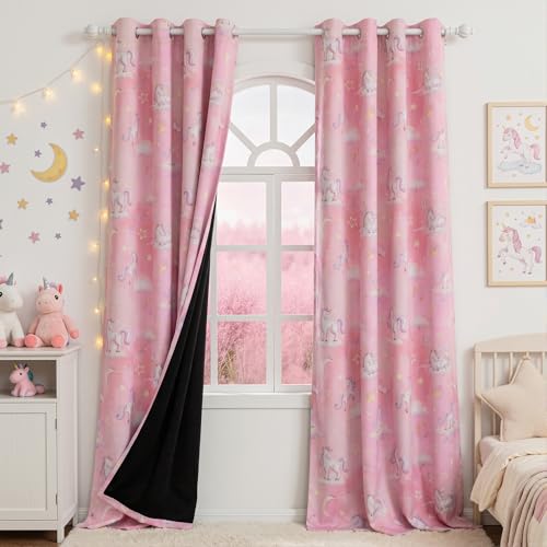 Image of MYSKY HOME Girls Blackout Curtains 96 Inch Long for Kids Bedroom Playroom Nursery Lovely Unicorn Rainbow Butterfly Star Pattern Design Thermal Insulated Grommet Drapes, 52 inch Wide, 2 Panels, Pink
