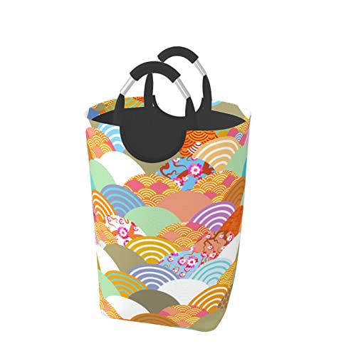 桜の花に魚の鱗 ランドリーバスケット ランドリーかご 洗濯ボックス 収納ボックス 収納バッグ 袋 おしゃれなインテリア雑貨 防水取っ手付き 折りたたみ 大容量 幅32×高さ58(cm)