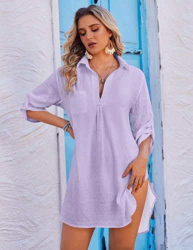 Image of Ekouaer Beach Cover Ups for Women V Neck Bathing Suit Cover Up Bikini Swimsuit Coverup Beach Dress Shirt Light Purple