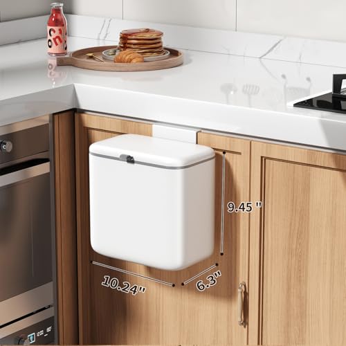Image of Compost Bin Kitchen for Countertop or Under Sink, 2.6 Gallon Hanging Small Trash Can with Lid, Garbage Can for Cabinet Door, Indoor /outdoor Food Waste Bin for Kitchen, Bathroom, RV, Office, White