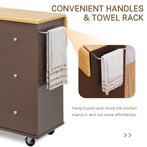 Image of SUNLEI Kitchen Island with Storage Cabinet, Rolling Kitchen Table with Foldable Drop Leaf, Kitchen Island Cart on Wheels with Handle for Towel, Portable Islands for Kitchen (Brown, 39.7-INCH)
