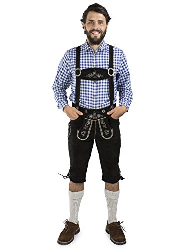 Schöneberger Trachten Couture Pantalones de Cuero para Hombres Wildalpen Negro - Pantalones de Rodilla Incl. Tirantes - Pantalones de Cuero Tradicionales (46, Negro)