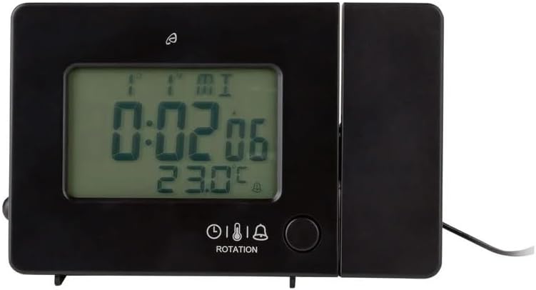 Devant view of the alarm clock connected to power via its AC adapter.