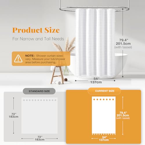 Image of BTTN 54x78 Boho Farmhouse Linen Thick Water Repellent Shower Curtain, White | Narrow Size, Heavy Duty Fabric, 10 Plastic Hook, Three-sided Tassels, Bohemian French Country, Machine Washable, Wrinkle Free