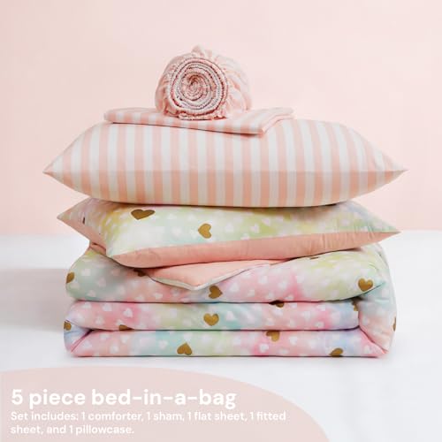 Image of BLOOMHAVEN Twin XL Comforter Set for Girls, 5 Pieces Pink Bedding Set with Colorful Gold Heart, All Seasons Kids Twin Comforter Set with Sheets, Pillowcase & Sham