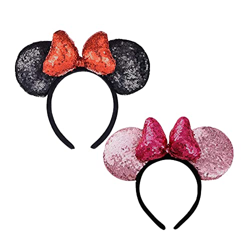 BCU Mouse Minnie Ears Set of 2 Sequin Headband Butterfly Glitter Hairdband for Kids or Adult (3D BLACK & PINK)