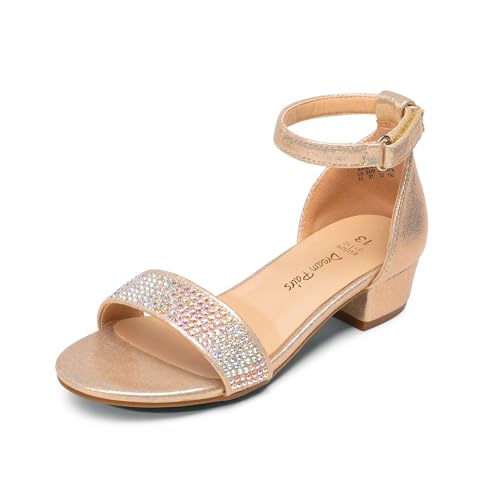 DREAM PAIRS Girls Sandals Low Heel Dress Pump Ankle Strap Interchangeable Bow Flower Wedding Party Shoes SDSD2320K GOLD Size 4 Big Kid