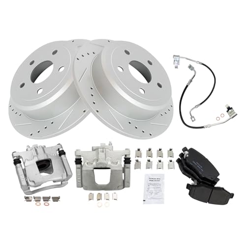 Image of TRQ Performance Rear Brake Pad and Rotor Set Ceramic Drilled Slotted Rotors Calipers Hoses Compatible with 2008-2012 Jeep Wrangler