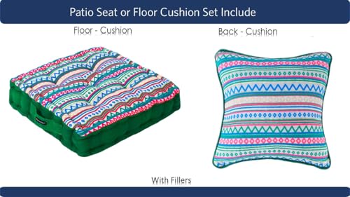 Image of Woven Quilted Floor Cushion Set 50x50x10 CM Green Boho with Fillers & Back Cushion, Large Size for Seating, Patio Seat, Meditation, Yoga, Pooja, Guests, Living 20x20x4 Inch
