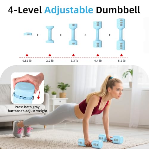 Image of 2-in-1 Adjustable Dumbbell Set, 4-Level Weights for Women | Convertible Dumbbell & Kettlebell, Adjustable 2.2-5.5lb Each, Quick-Change Button, Compact for Home Gym, Office & Outdoor