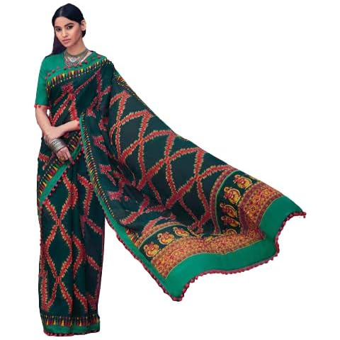 Ethnic Closet Indian Cotton Sari Abstract Printed Pom-Pom Border Green Saree Blouse Dress 6YD Cover