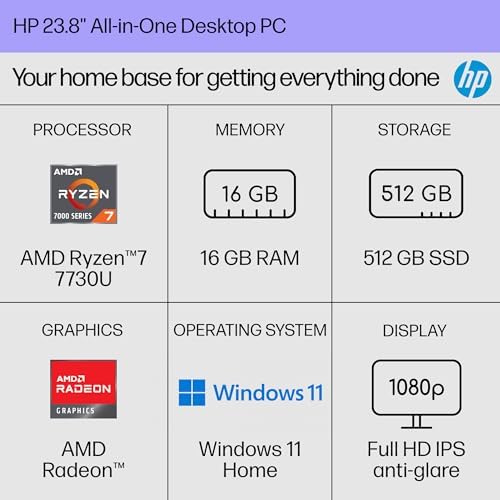 HP 24 inch All-in-One Desktop PC, FHD Display, AMD Ryzen 7 7730U, 16 GB RAM, 512 GB SSD, AMD Radeon Graphics, Windows 11 Home, 24-cr0032 (2024)