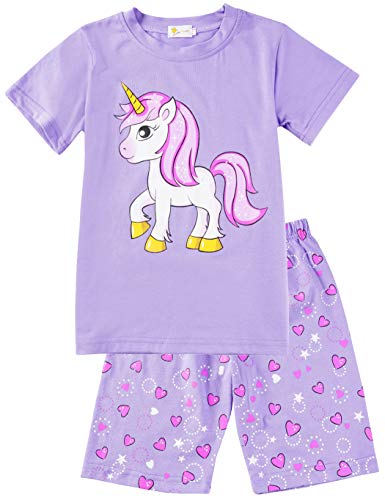Image of Little Hand Girls Pyjamas Set Unicorn Print Girls Pjs Short Sleeve Cotton Sleepwear Tops Shirts & Pants for Age 5-6 Years