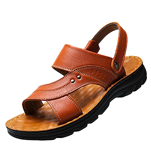 CLSQLXYJZC Sandales pour Hommes en Cuir, été décontracté Confortable Couche supérieure en Cuir à Bout Ouvert Sandales à Enfiler, extérieur athlétique Talon réglable Sangle Sandales Larges Cover
