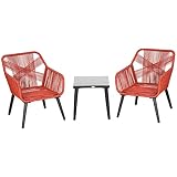 Outsunny 3-TLG. Gartenmöbel Set, Rattan Balkonmöbel, inkl. Tisch und 2 Stühle, mit verstellbaren Füßen, Gartensitzgruppe für Terrasse, Balkon, Stahl, PE-Rattan, Dunkelrot