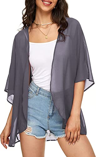Image of Indian Trendy Women's Solid Puff Sleeve Kimono Cardigan Loose Cover Up Casual Blouse Top Chiffon