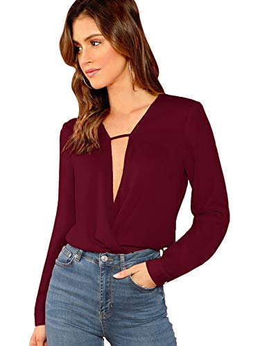 SheIn Women s Sexy Deep V Neck Long Sleeve Drape Wrap Tops Chiffon Blouse Burgundy XL