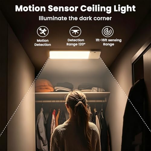 Image of ELEPHANTBOAT 3-Color Motion Sensor LED Light, Ceiling Light with Remote Control, 12000mAh Battery Powered, Wireless Rechargeable Wall Light for Home, Closet, H allway and Bedroom, Sensor Light