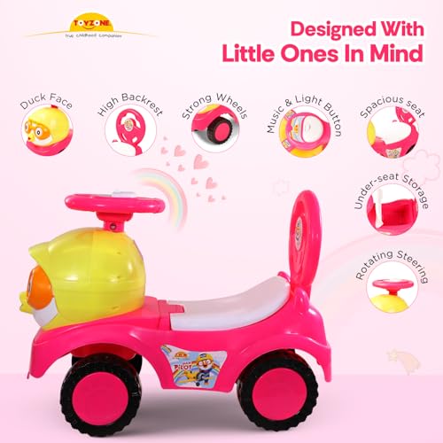 Image of Toy Zone Duck Pilot Baby Ride On Car for Kids, Toddlers Push Ride Baby Kids Car with Backrest, Push Ride On Toy with Music, Under Seat Storage, 2 to 5 Years (Dark Pink)