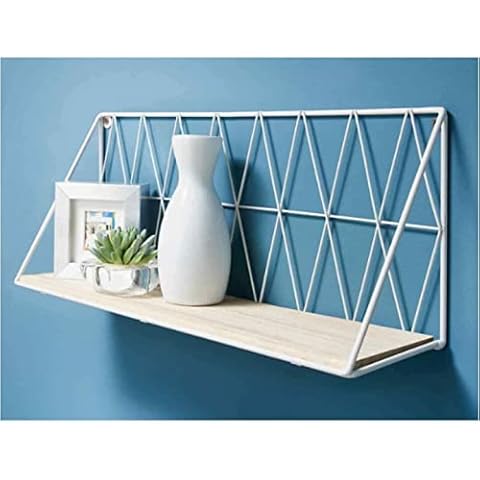 48cm Industrial Oak Effect Shelf with White Wire Metal Brackets, Decorative Floating Display Shelves, Bookcase Storage for Bathroom, Living Room, Kitchen and Bedroom Decor, Hanging Shelving Unit Cover