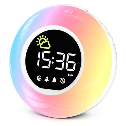 HERMIC Alarm Clock Digital Alarm Clock Bedside with Night Light 12 White Noise Adjustable Volume & Brightness 10 RGB Night Light Timer Snooze Clock for Kids Adults Mains Powered (Incl. Adapter)