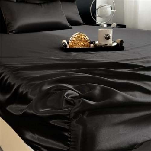Odot Sabana Bajera Saten, Color Sólido Sabanas Bajeras Elasticas 25cm de Alto, Sábana Bajera Ajustable Transpirable para Cama Individual Matrimonial - Color Múltiple (Negro,180x200cm)
