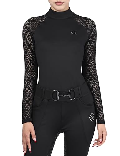 GemRebel Womens Lace Equestrian Show Shirt, Long Sleeve Breathable Horse Riding Top Black XS