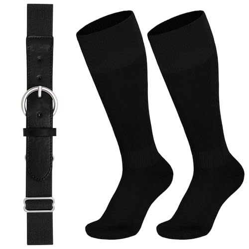 Baseball Belt and Socks Combo for Youth Boys Girls Softball Socks and Elastic Belt for Adult black youth